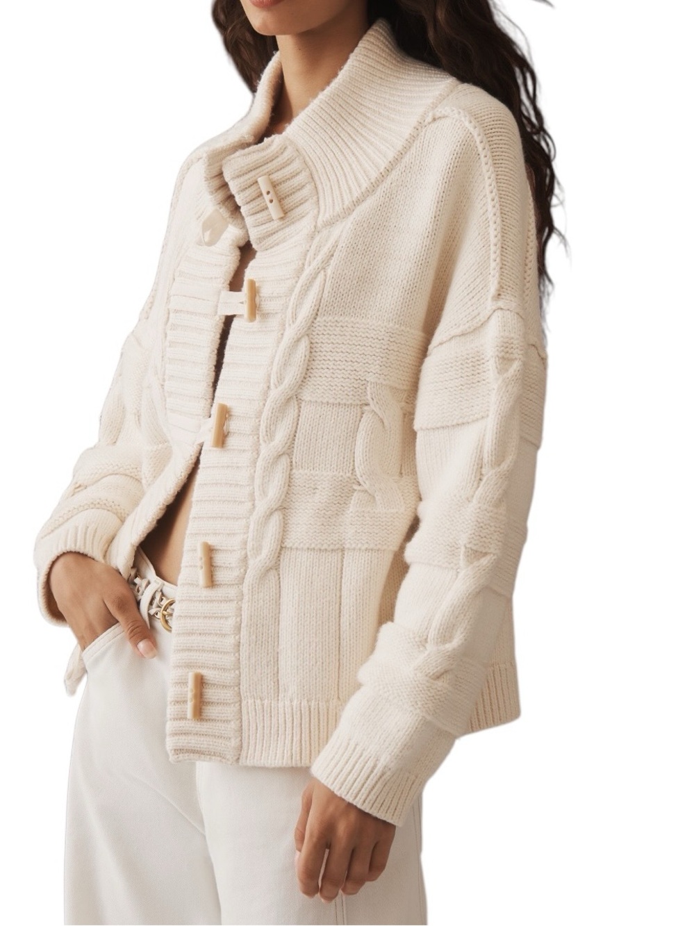 Anthropologie Pilcro Chunky Cable Knit Toggle Cardigan Sweater in Ivory Size M